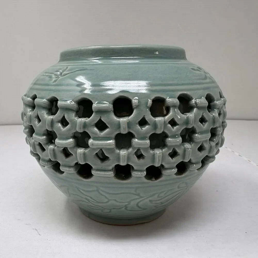 Korean Celadon Double Wall Openwork Vase W/Inlaid Crane & Cloud Motif 5” x 6”